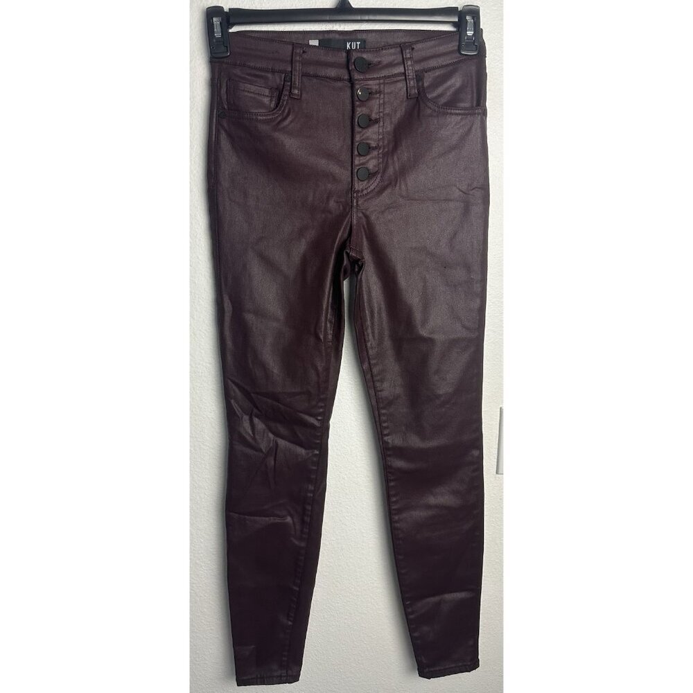 Kut from the Kloth Mia High Rise Skinny Wet Look Bordeaux Jeans Size 0 - Picture 15 of 16